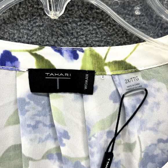 Tahari Top Womens Plus 2X White Purple Floral Boho Semi sheer Shirt Blouse Tunic - Picture 11 of 16
